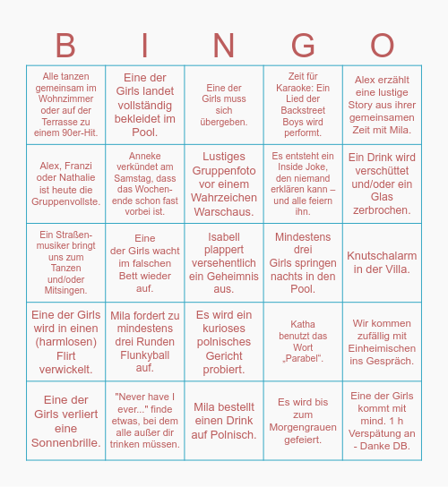 MILA'S BACHELORETTE PARTY Bingo Card