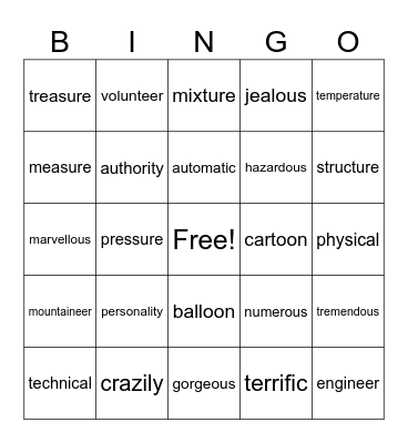 Word Endings Bingo Card