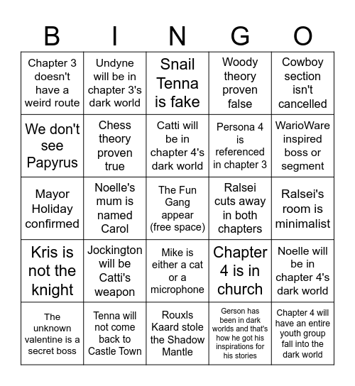 Deltarune Bingo Card