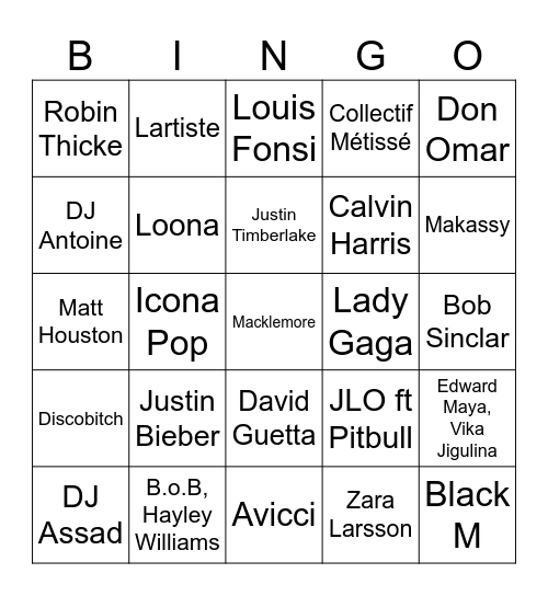 SUMMER HITS années 2010 Bingo Card