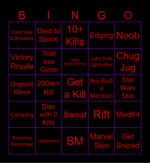 Fortnite x Star Wars Bingo Card