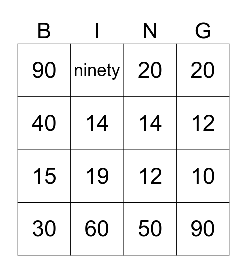 Numbers 20 - 100 Bingo Card