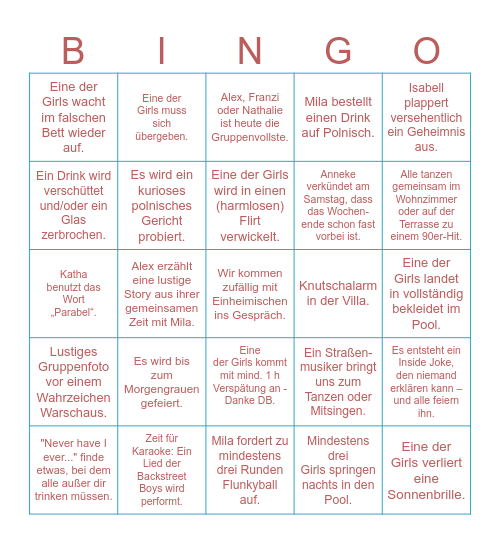 MILA'S BACHELORETTE PARTY Bingo Card