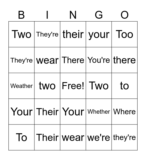 Homophones Bingo Card