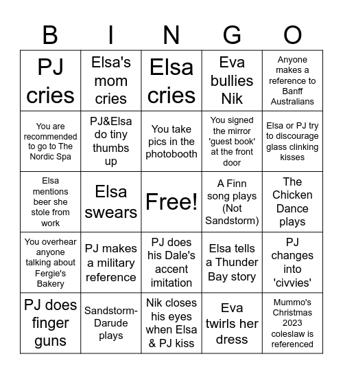 PJ & Elsa Reception Bingo Card