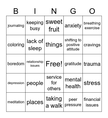 Relapse Prevention Bingo Card