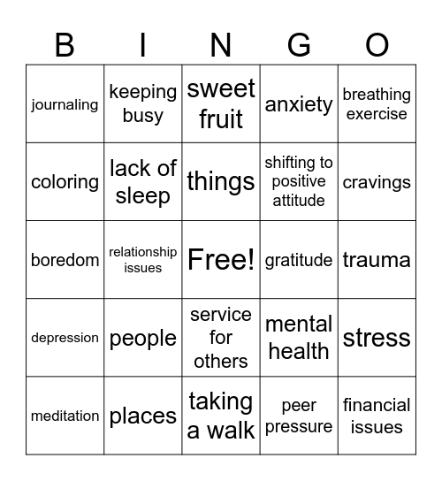 Relapse Prevention Bingo Card