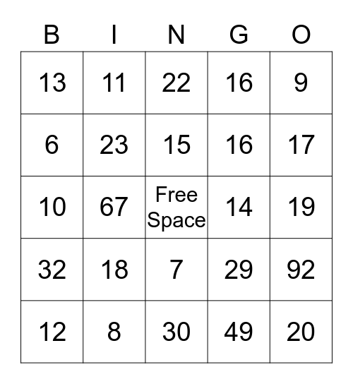 Jordan's Math Bingo Game Bingo Card