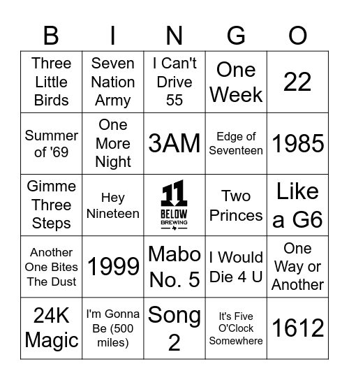 Songs with numbers Bingo Card