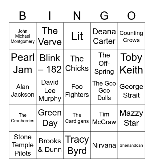 Music Bingo - Game #1 90s Rock, Country and Alternative Bingo Card