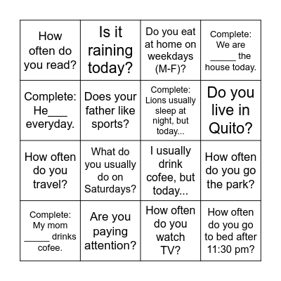 Present Simple Bingo Card