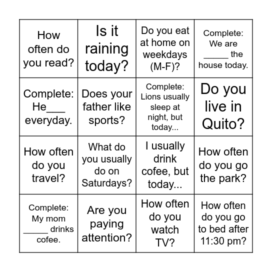Present Simple Bingo Card