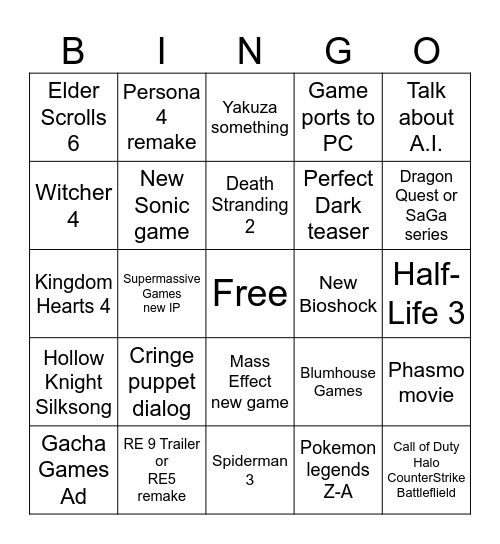 Summer Game Fest 2025 Bingo Card