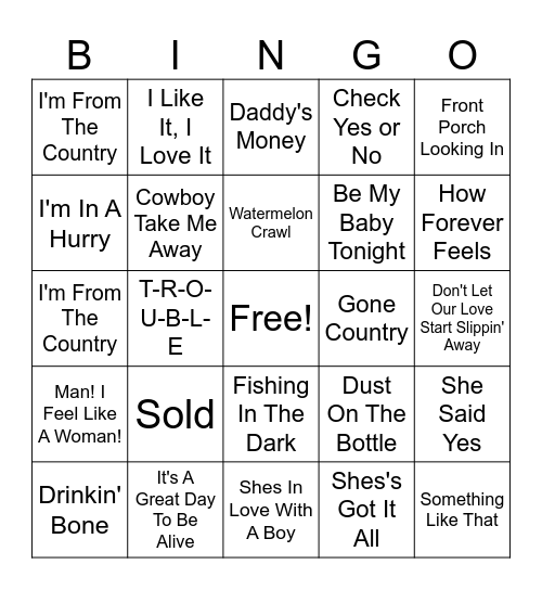 90s Country Hits Bingo Card