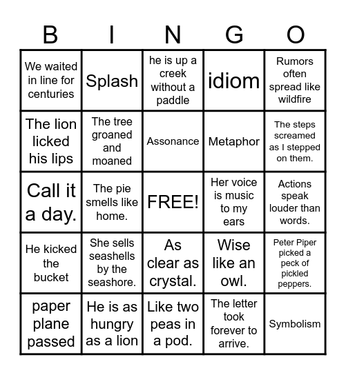 Figurative Language Bingo Card