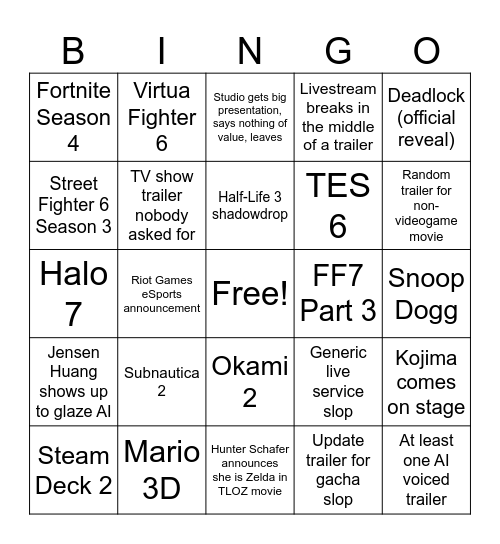 Summer Game Fest Bingo Card