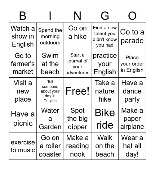 Summer Activities Bingo Card