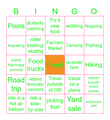 Summer Activities Bingo Card
