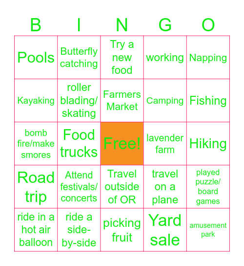 Summer Activities Bingo Card