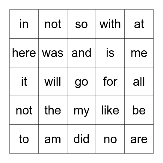 Heart Word Bingo Card