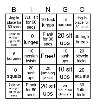 Fitness Bingo Card