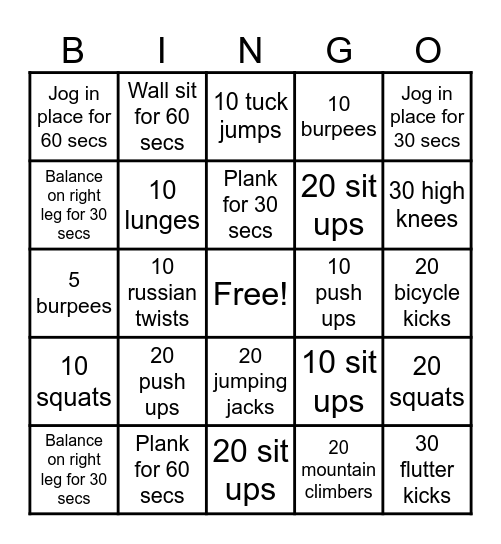 Fitness Bingo Card