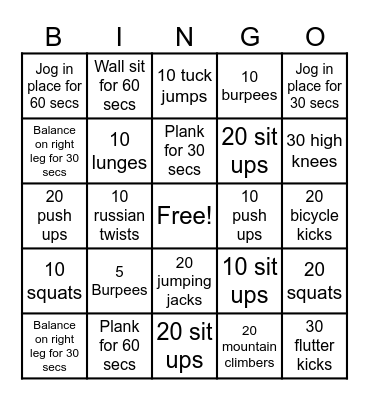 Fitness Bingo Card