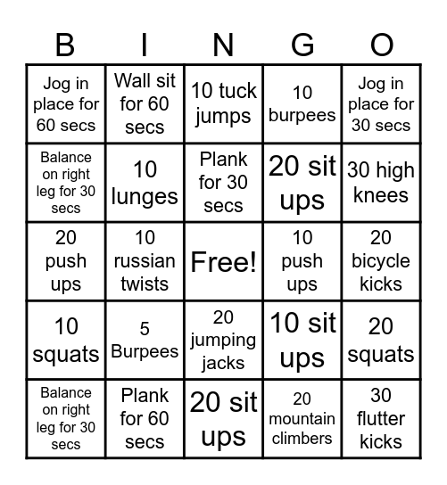 Fitness Bingo Card