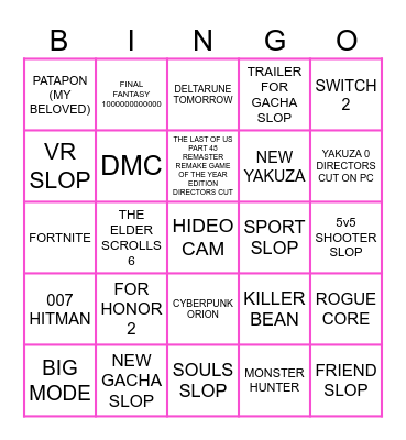 Summer Slop Fest Bingo Card
