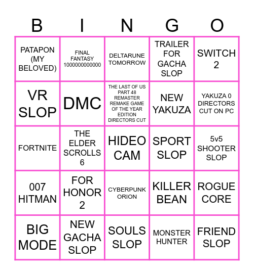 Summer Slop Fest Bingo Card