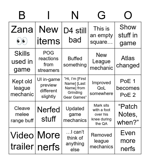 PoE 1 3.26 Bingo Card
