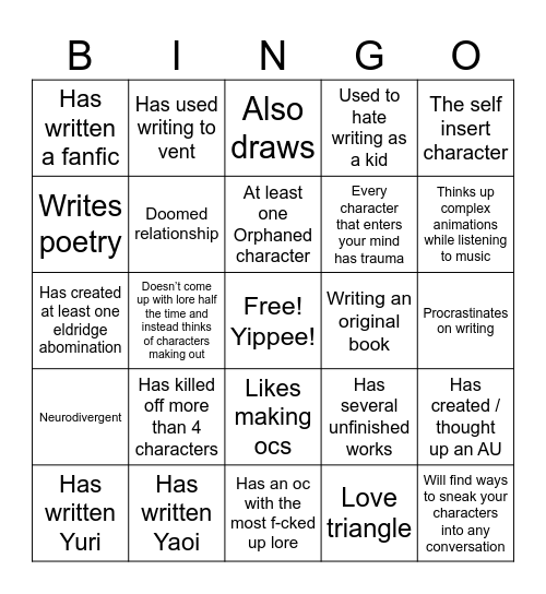 Writer Bingo Card