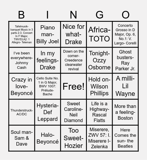Music Bingo Card