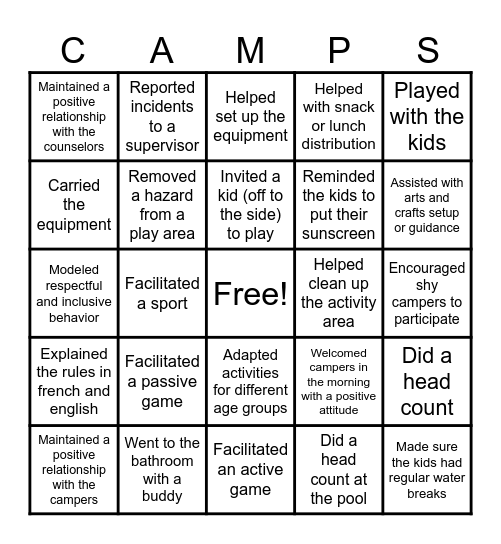 Camps Bingo Card