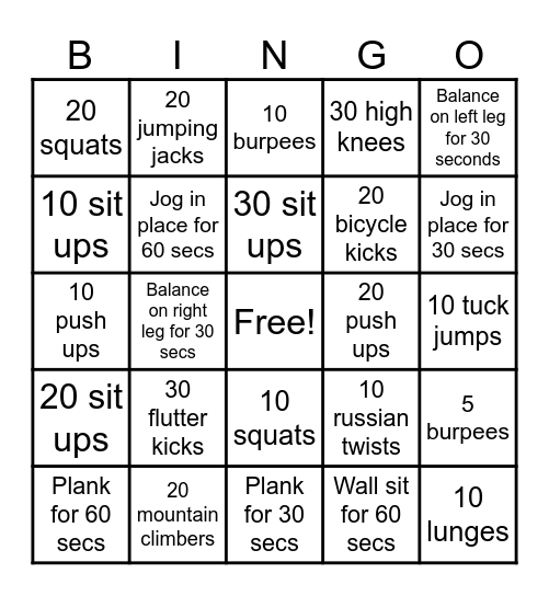Fitness Bingo Card