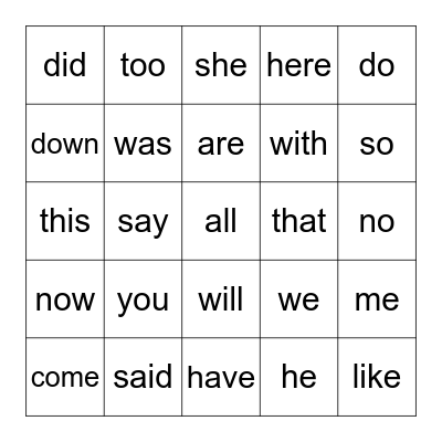 Heart Words Bingo Card