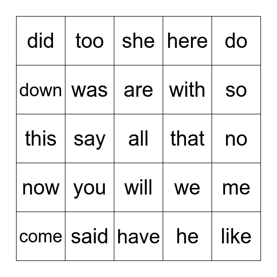 Heart Words Bingo Card