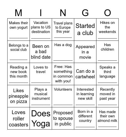 Mingle Bingo Card