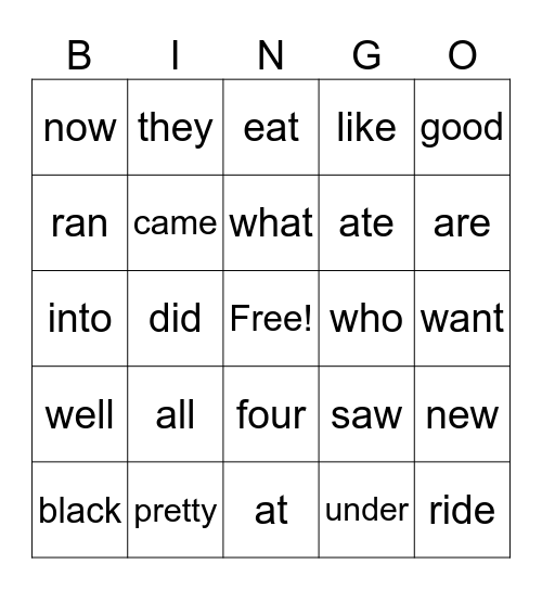 Sight Word Bingo Card