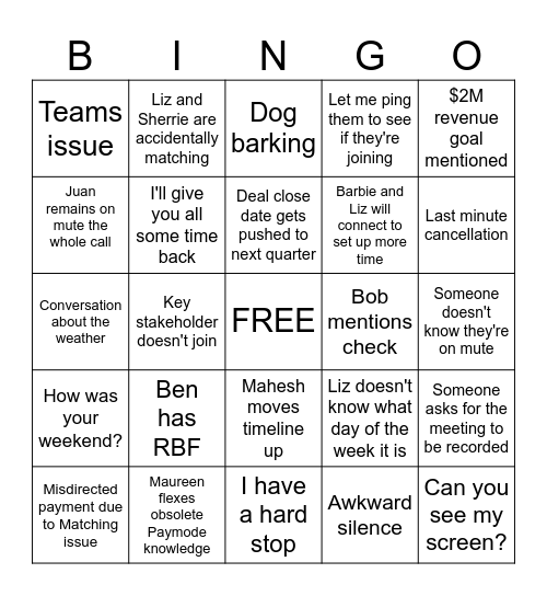 Partner Call Bingo Card