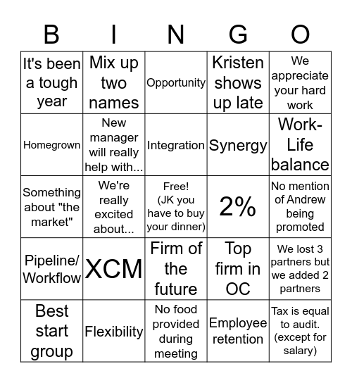 Firm Meeting Bingo Card