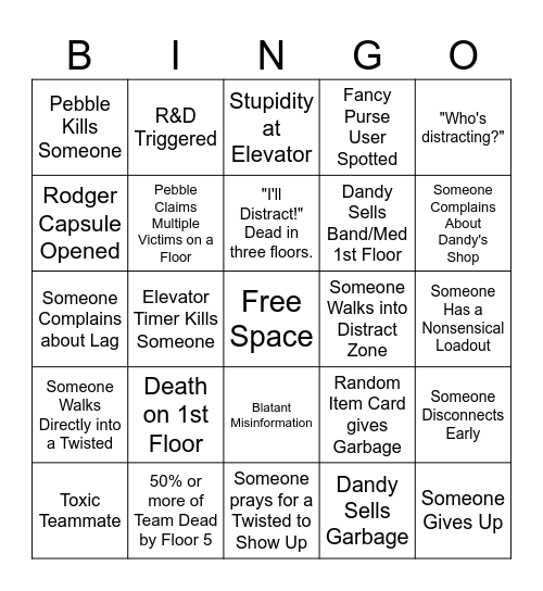 Dandy's World Public Lobby Bingo Card