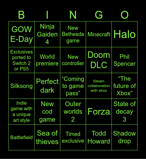 Xbox showcase 2025 Bingo Card