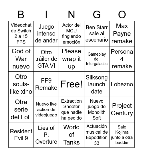 No E3 Bingo Card