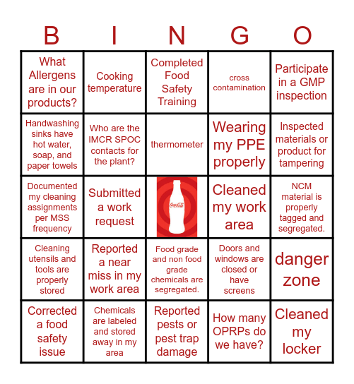 Food Safety Bingo Card