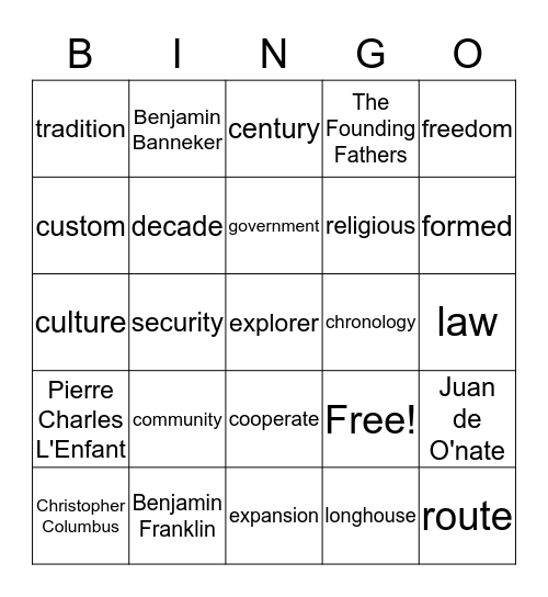 Social Studies Unit 3  Bingo Card