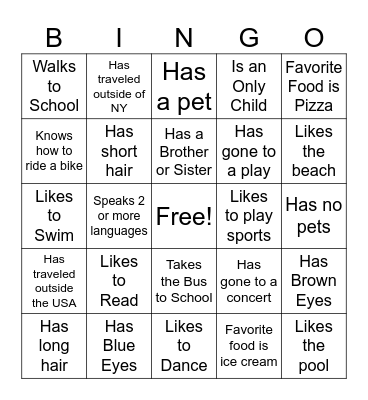 Find A Friend Bingo Card