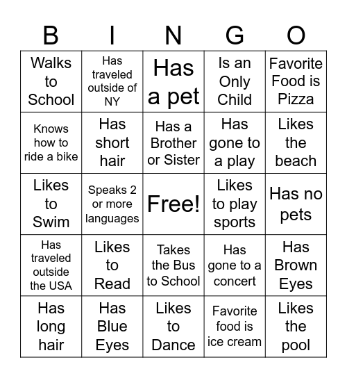 Find A Friend Bingo Card