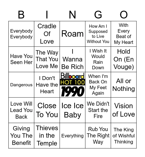 1990 - Billboard Top 100 Bingo Card