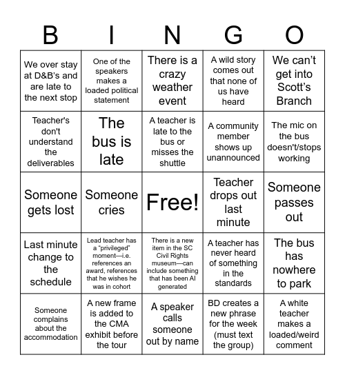 Teacher Institute Bingo Card